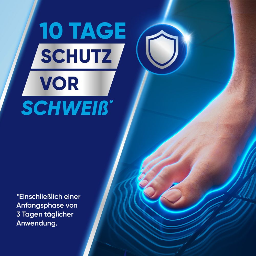 Fuß mit Creme. 10 Tage Schutz vor Schweiß. Schild-Symbol. Text: 'Einschließlich einer Anfangsphase'.