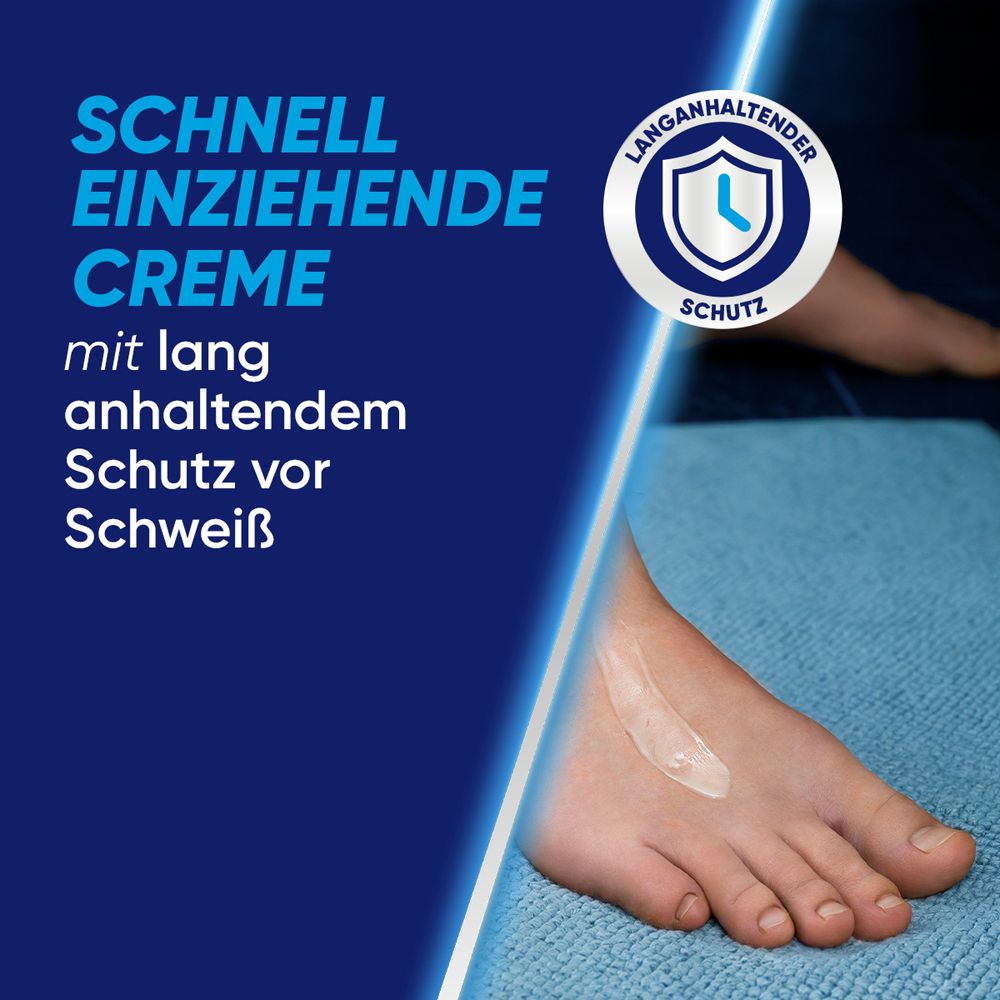 Fuß mit Creme. Schnell einziehende Creme. Lang anhaltender Schutz vor Schweiß. Schild-Symbol.
