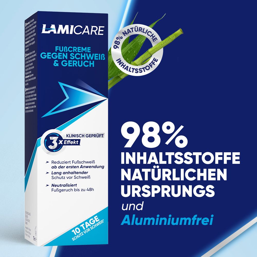 LamiCare Fußcreme. 98% Inhaltsstoffe natürlichen Ursprungs. Aluminiumfrei. Klinisch geprüft. 3x Effekt.