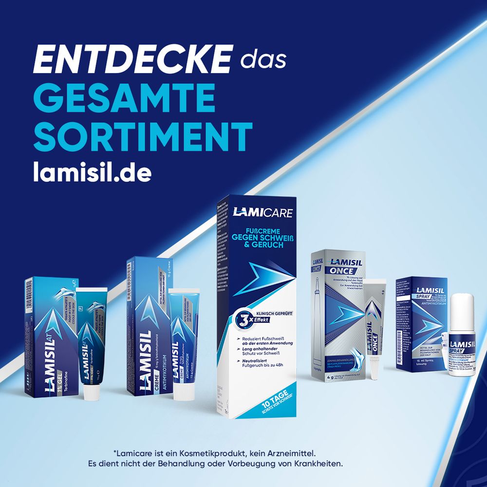 LamiCare Produkt-Sortiment. Fußcreme, Sprays, etc. Text: 'LamiCare ist ein Kosmetikprodukt, kein Arzneimittel'.