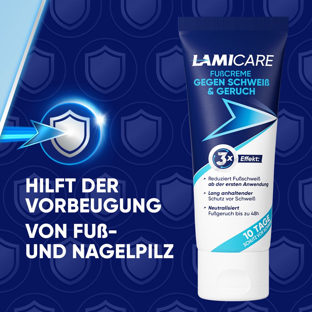 LamiCare Fußcreme. Hilft der Vorbeugung von Fuß- und Nagelpilz. Schild-Symbol. 3x Effekt.