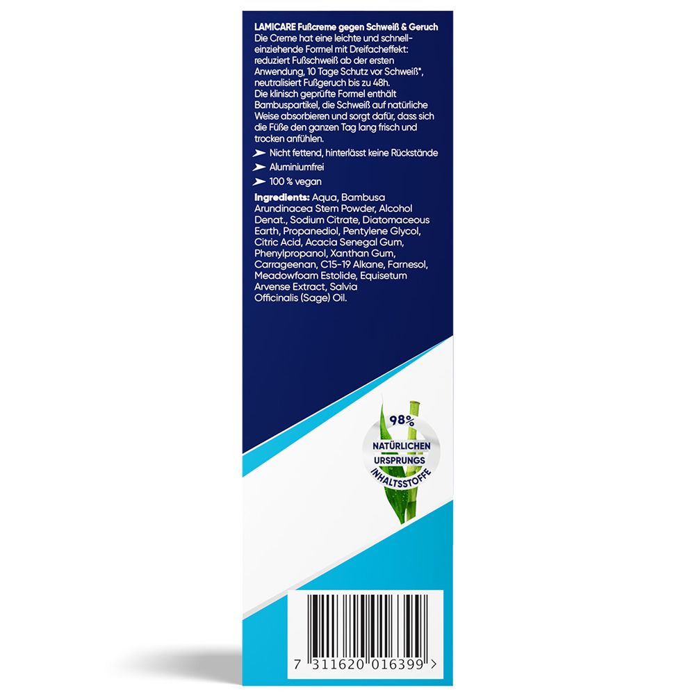LamiCare Fußcreme gegen Fußschweiß & Fußgeruch. Tube. 98% Inhaltsstoffe natürlichen Ursprungs.