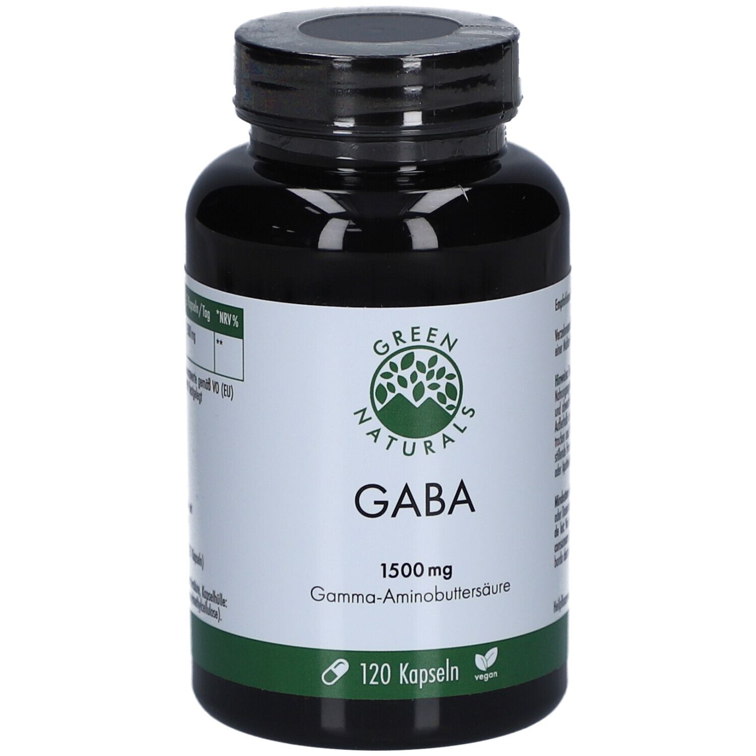 Schwarze Flasche mit grüner Banderole. Aufschrift: GREEN NATURALS GABA 1500 mg. 120 Kapseln, vegan.
