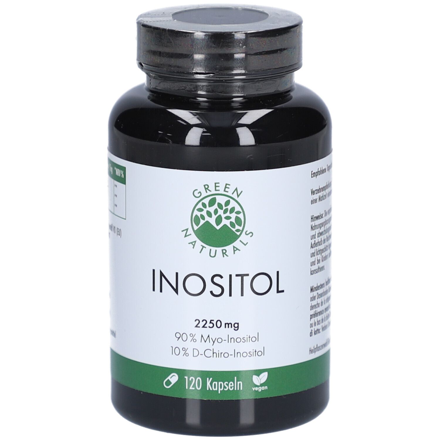 Schwarze Flasche mit grünem Etikett. Aufschrift: INOSITOL 2250 mg, 90% Myo-Inositol, 10% D-Chiro-Inositol. 120 Kapseln. Vegan.
