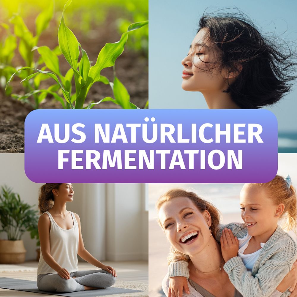 Collage: Pflanzenwachstum, Frau in der Sonne, Yoga-Pose, Mutter mit Kind. Text: Aus natürlicher Fermentation.
