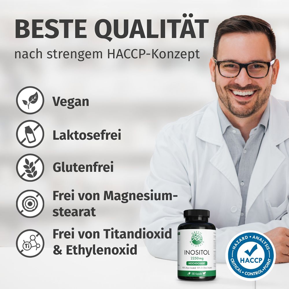 Mann im Laborkittel, Liste mit Siegeln: Vegan, Laktosefrei, Glutenfrei, Frei von Magnesiumstearat, Titandioxid & Ethylendioxid. Dose Inositol.