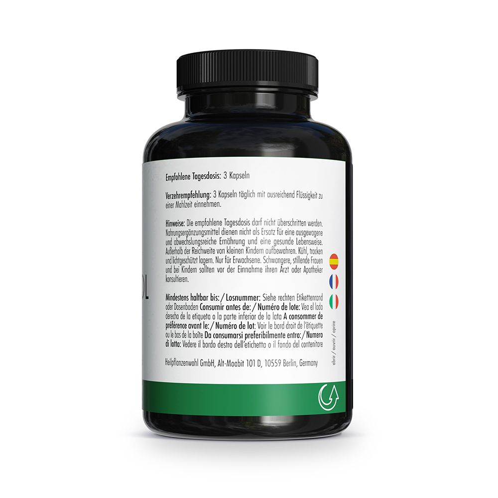 Rückseite einer Dose Inositol. Empfohlene Tagesdosis: 3 Kapseln. Enthält Hinweise zur Einnahme und Lagerung.