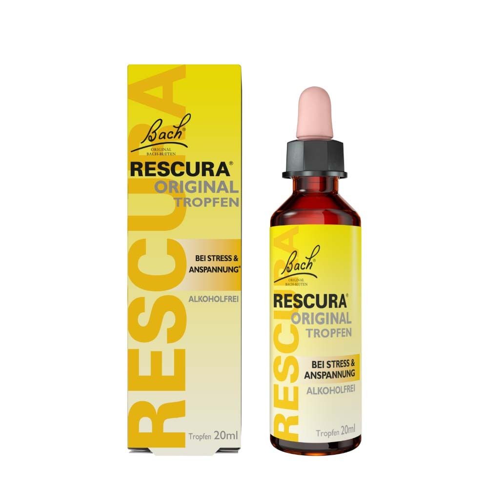 Bach RESCURA® Tropfen und Verpackung. Gelb, weiß. Text: RESCURA, Original Tropfen, bei Stress & Anspannung, alkoholfrei. 20ml.