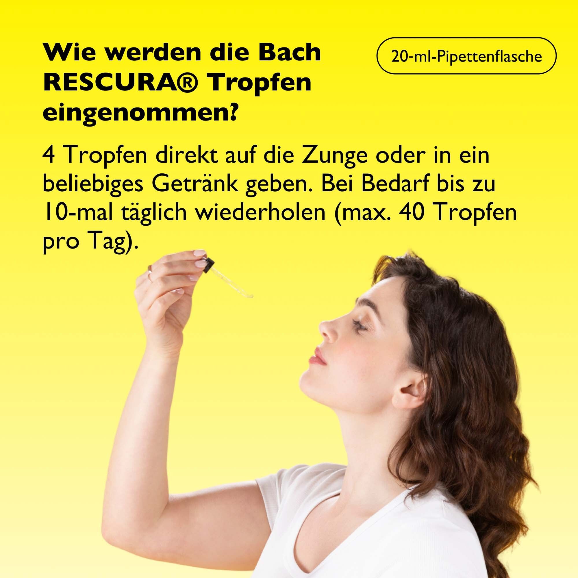 Frau mit Flasche und Tropfer. Text: Wie werden die Bach RESCURA® Tropfen eingenommen? 4 Tropfen direkt auf die Zunge.