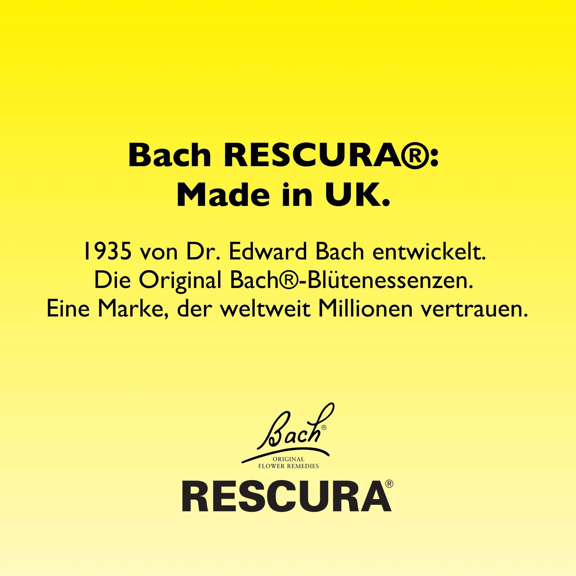 Gelber Hintergrund. Text: Bach RESCURA®: Made in UK. Die Original Bach®-Blütenessenzen. Eine Marke, der Millionen vertrauen.