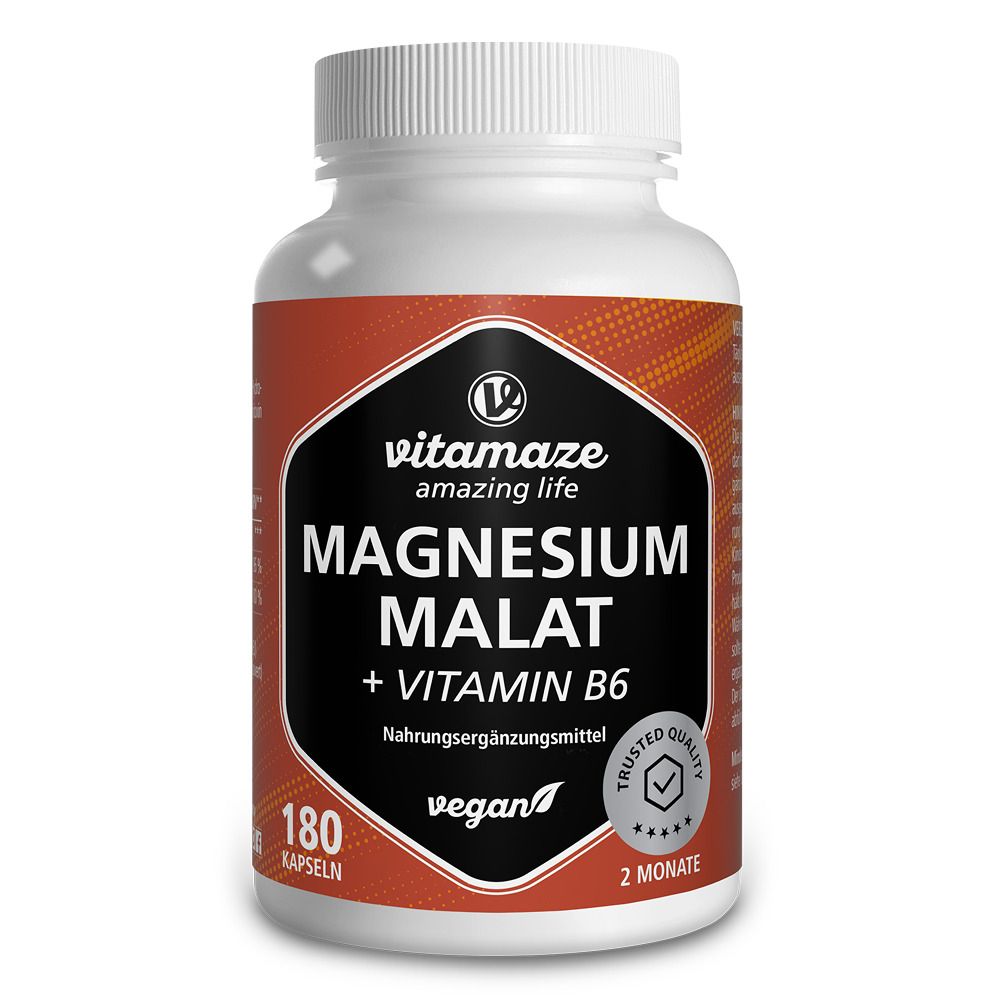 Weiße Flasche mit braunem Etikett. Enthält Kapseln. Aufschrift: Magnesium Malat + Vitamin B6. Vegan. 180 Kapseln.