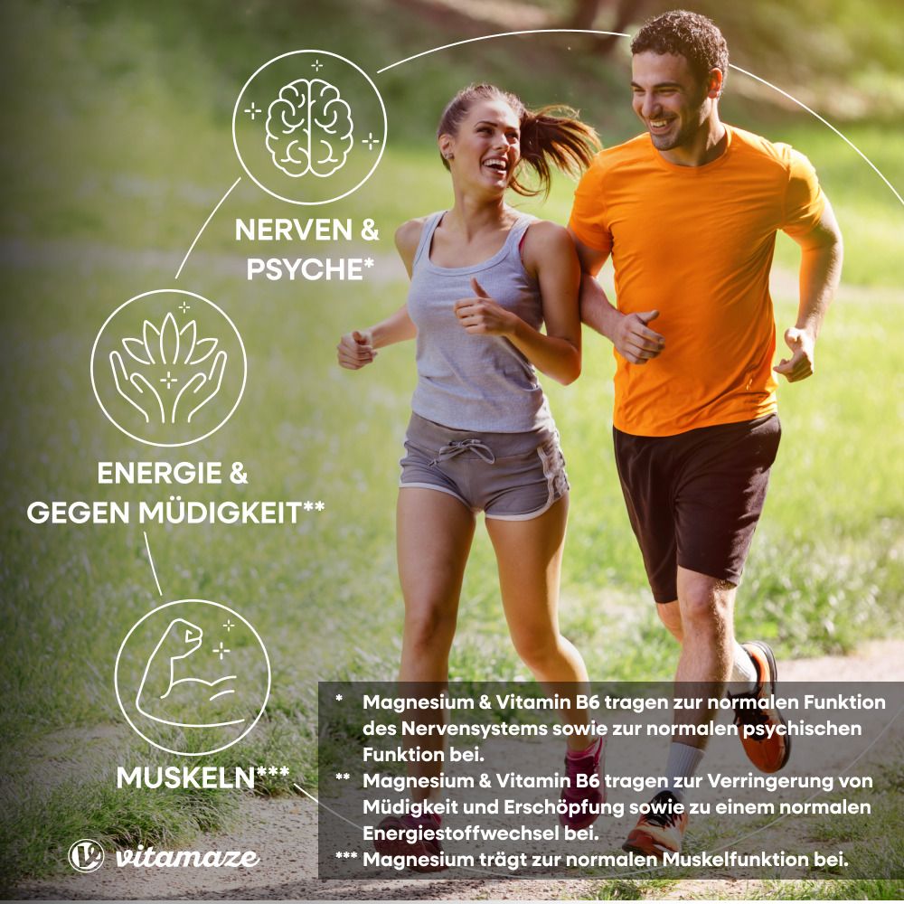 Zwei Personen joggen. Grafiken: Nerven & Psyche, Energie & gegen Müdigkeit, Muskeln. Text über Magnesium & Vitamin B6.