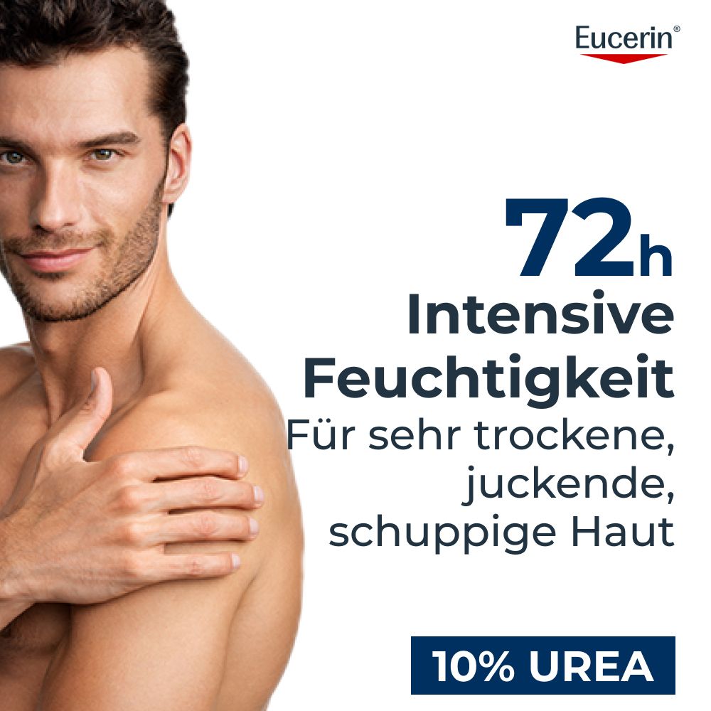 Mann mit aufgeschlagener Schulter, Text: 72h Intensive Feuchtigkeit, 10% Urea.
