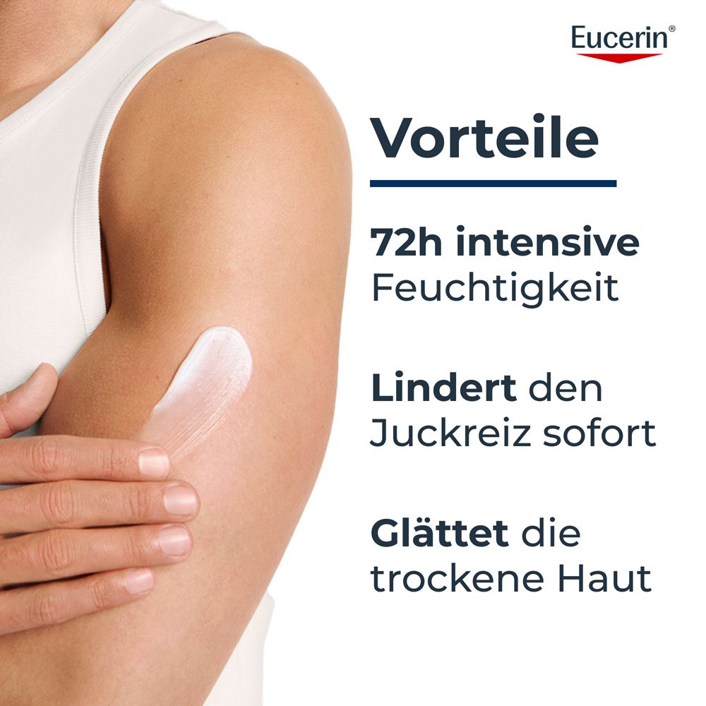 Mann trägt Lotion auf Arm auf. Vorteile: 72h intensive Feuchtigkeit, lindert Juckreiz.
