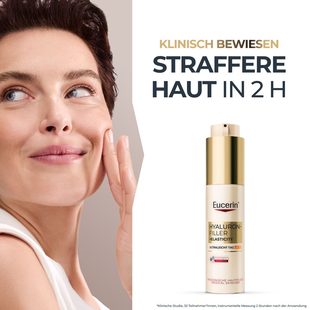 Frau berührt Gesicht. Eucerin Hyaluron-Filler + Elasticity Ultraleicht Tag LSF 50. Straffere Haut in 2 Stunden.