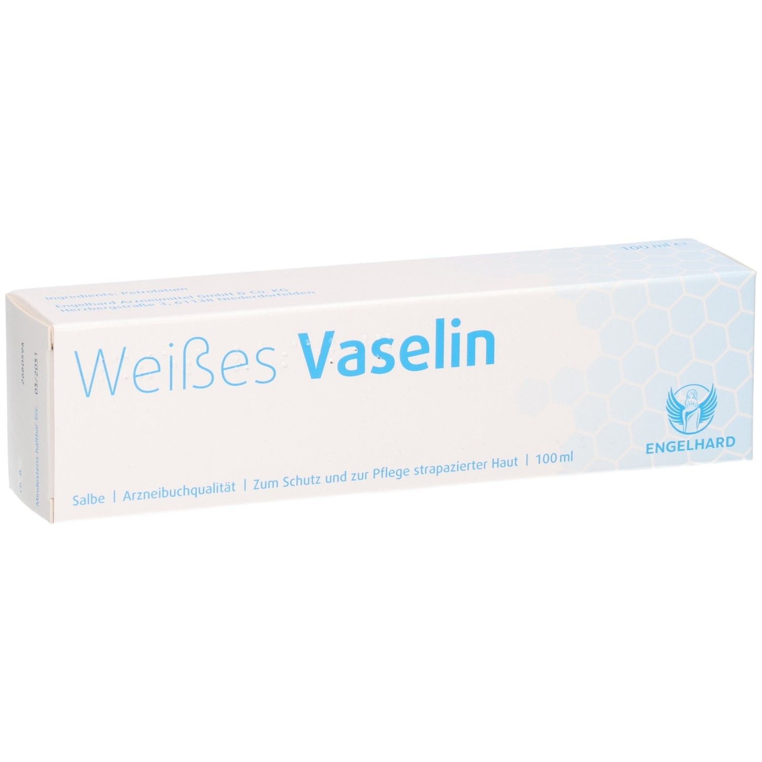 Weiße Vaseline Salbe in einer weißen Tube mit blauer Schrift. 100ml.