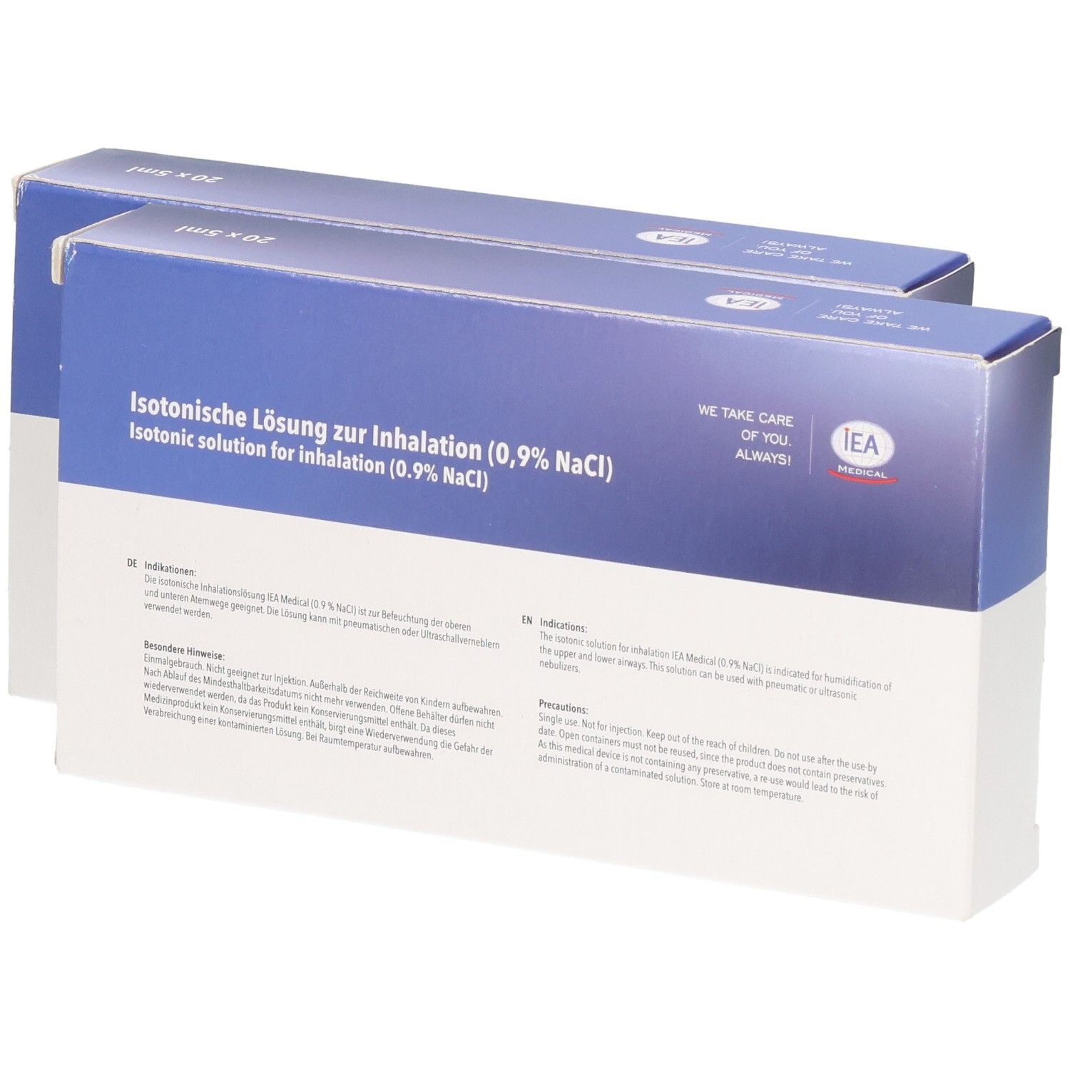 Packung IEA isotonische Kochsalzlösung zur Inhalation (0,9% NaCl), 20 x 5ml Ampullen.