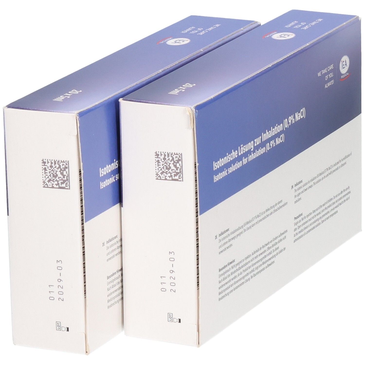 Zwei Packungen isotonische Kochsalzlösung (0,9% NaCl) zur Inhalation.