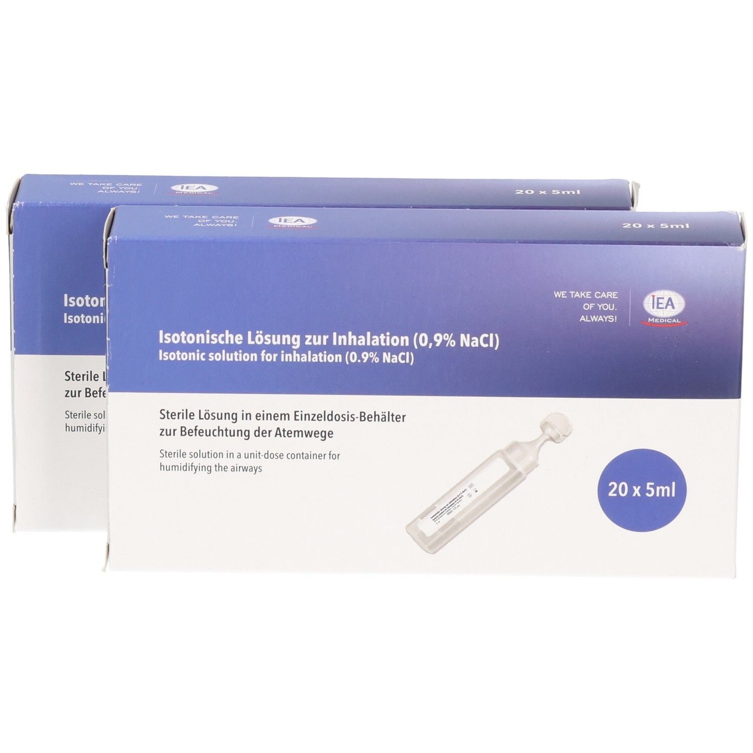 Zwei Packungen isotonische Kochsalzlösung zur Inhalation (0,9% NaCl) in 20x 5ml Einzeldosis-Behältern.