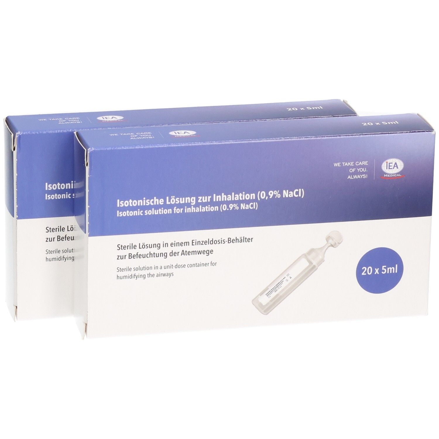 Zwei Packungen isotonische Kochsalzlösung zur Inhalation (0,9% NaCl) in 5ml Einzeldosisbehältern.