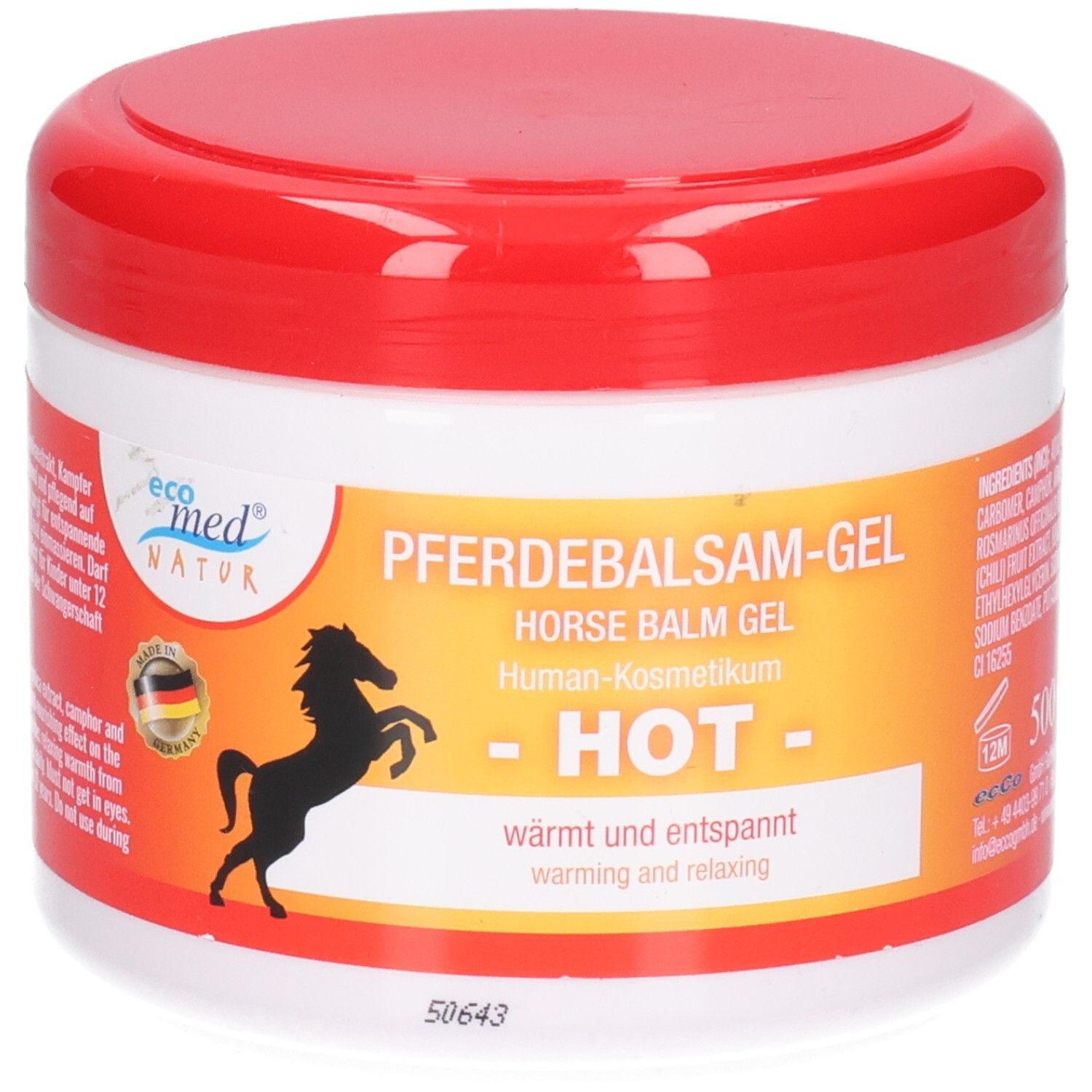 Pferdebalsam-Gel 'Hot' in weißem Tiegel mit rotem Deckel. Enthält einspringendes Pferd-Logo und deutsche Flagge.