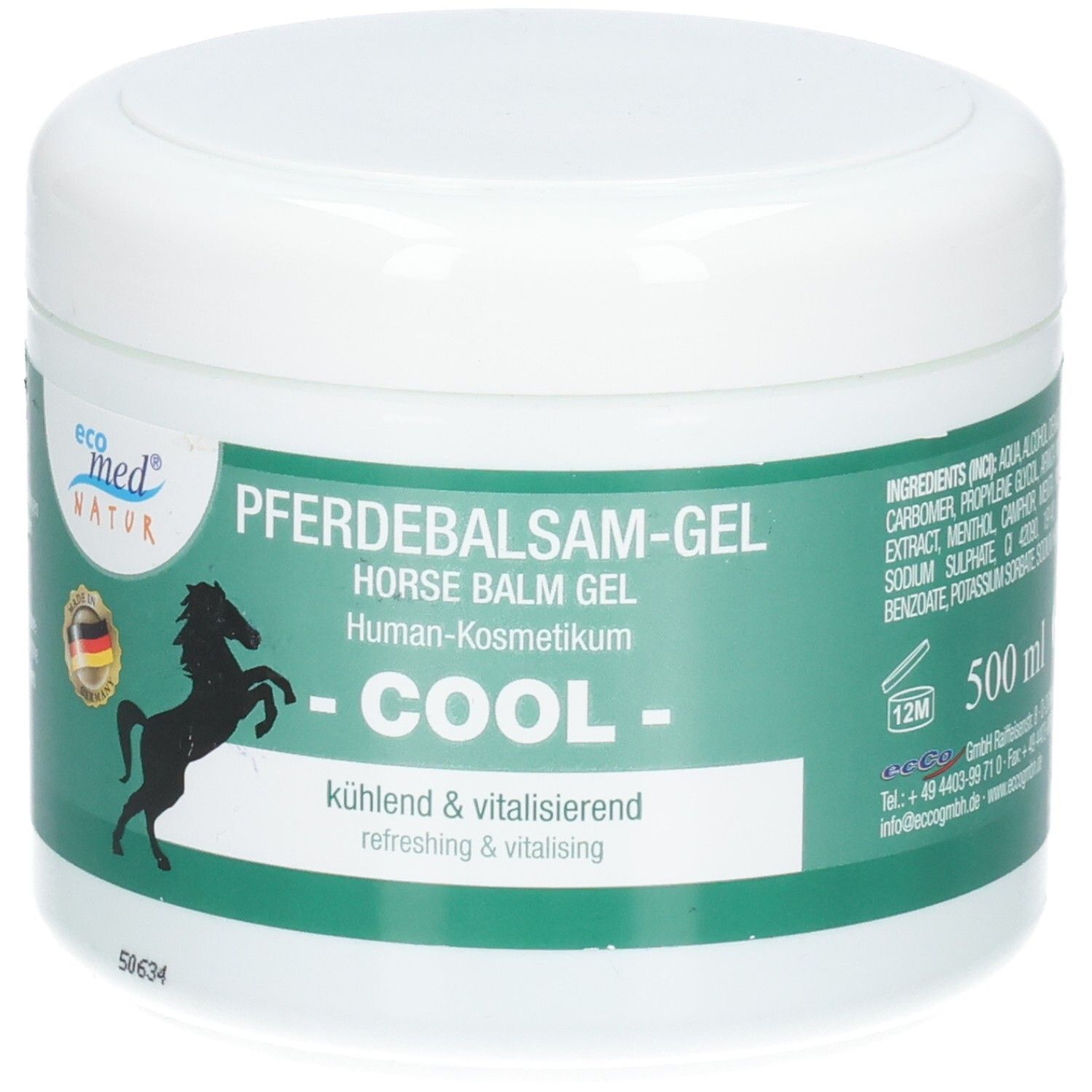 Pferdebalsam-Gel COOL, 500ml, in weißem Tiegel mit grüner Banderole und Pferdeabbildung.