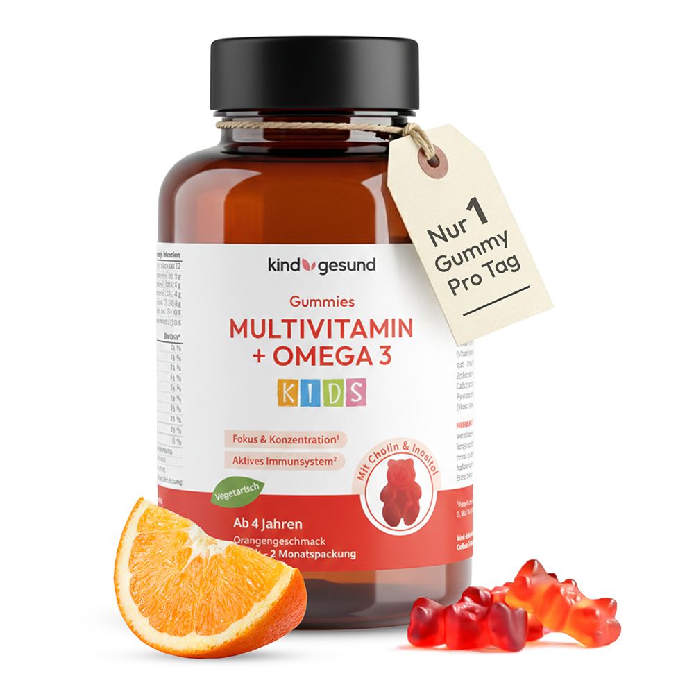 Braune Flasche mit kindgesund Gummies. Etikett mit Produktinformationen und Anhänger. Orange und Gummibärchen.