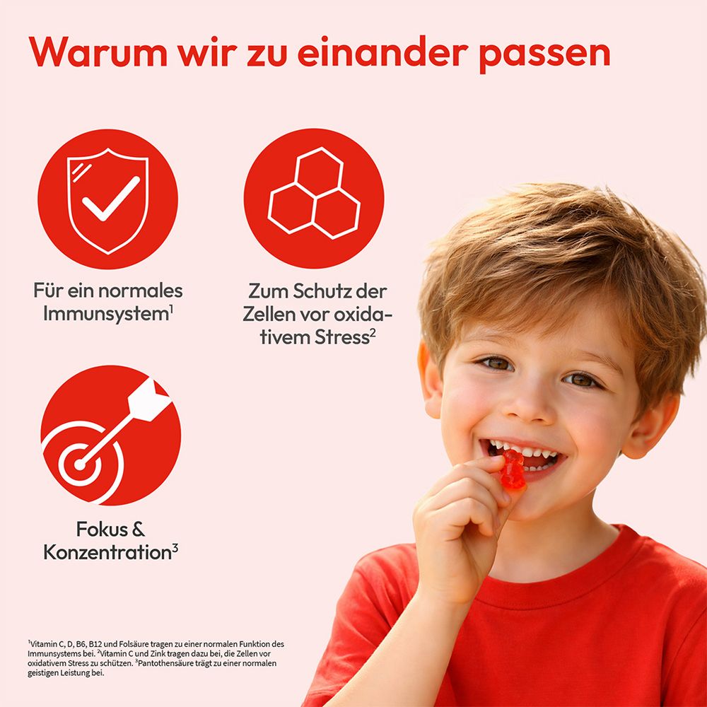 Kind is lachend met een gummybeer in de mond. Illustraties over immuunsysteem, celbescherming en focus.