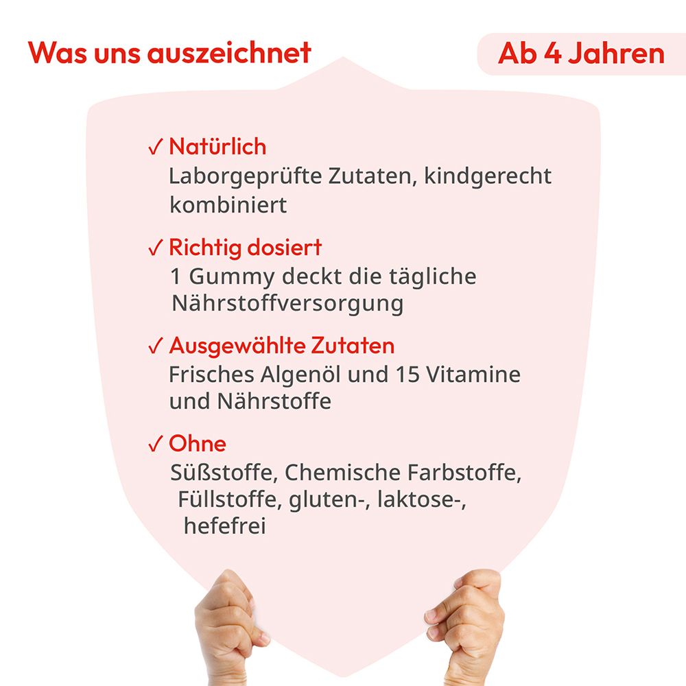 Hände halten eine Tafel mit Produktinformationen. Natürliche, laborgeprüfte Zutaten, richtig dosiert, ohne Zusätze.