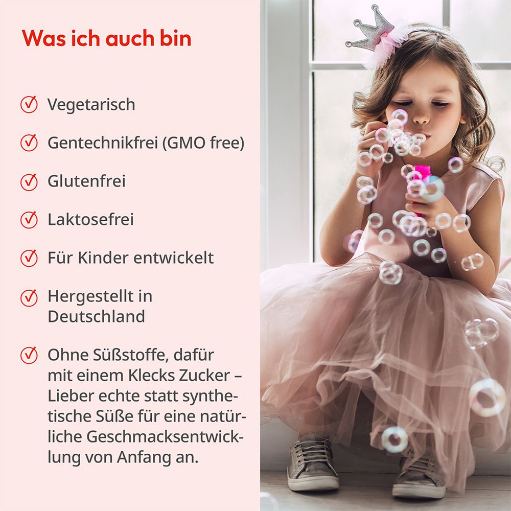 Mädchen mit Krone und Seifenblasen. Informationen über vegetarische, glutenfreie, laktosefreie Eigenschaften.