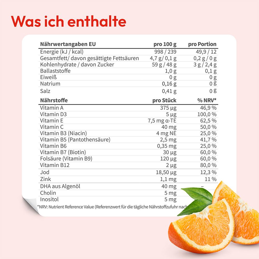 Nährwerttabelle mit Informationen zu Energie, Fett, Kohlenhydraten, Ballaststoffen, Eiweiß, Salz und Vitaminen.
