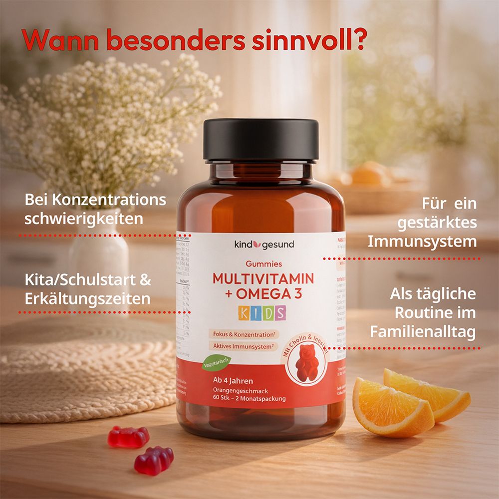 Flasche kindgesund Gummies mit Text. Hinweise auf Konzentrationsschwierigkeiten, Kita/Schulstart und Erkältungszeiten.