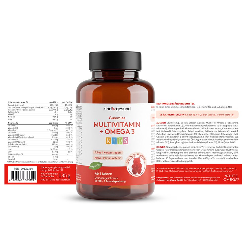 Flasche kindgesund Gummies mit Etikett. Nährwertangaben und Zutaten. Barcode und Informationen.