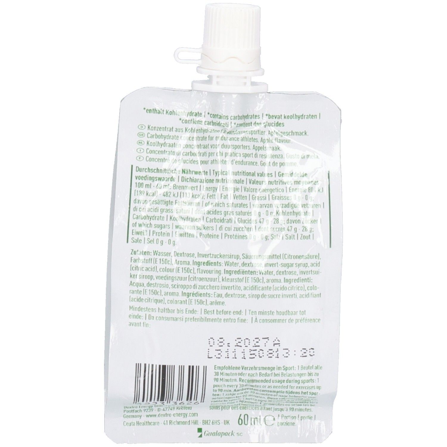 Rückseite der Gelpackung mit weißem Verschluss. Text in mehreren Sprachen. Barcode und Haltbarkeitsdatum. Volumen: 60 ml.