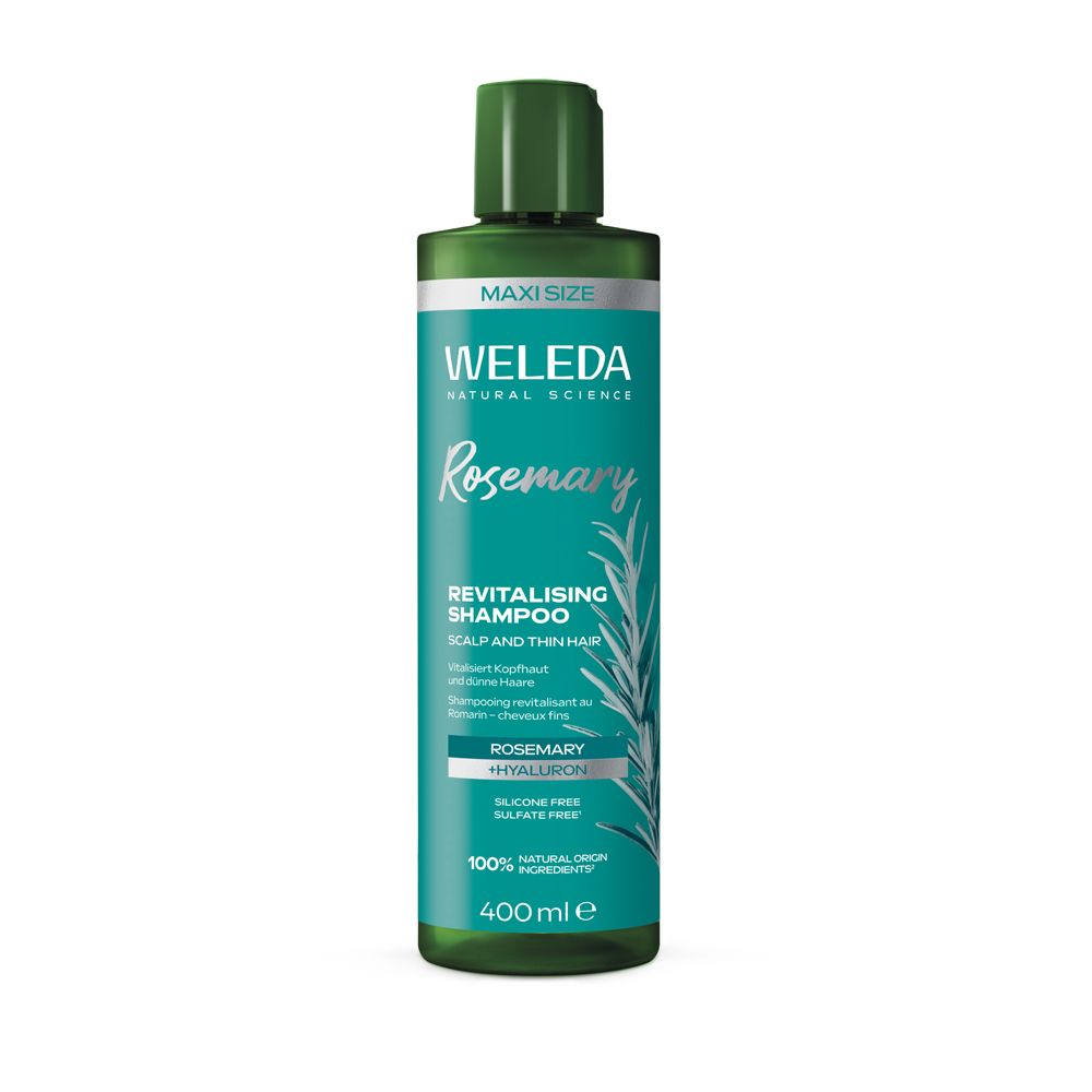 Weleda Vitalisierende Rosmarin Shampoo, 400ml Flasche mit Rosmarin und Hyaluron.