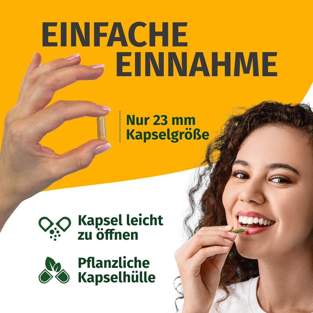 Frau nimmt Kapsel ein. Text: Einfache Einnahme, 23 mm Kapselgröße, pflanzliche Hülle.