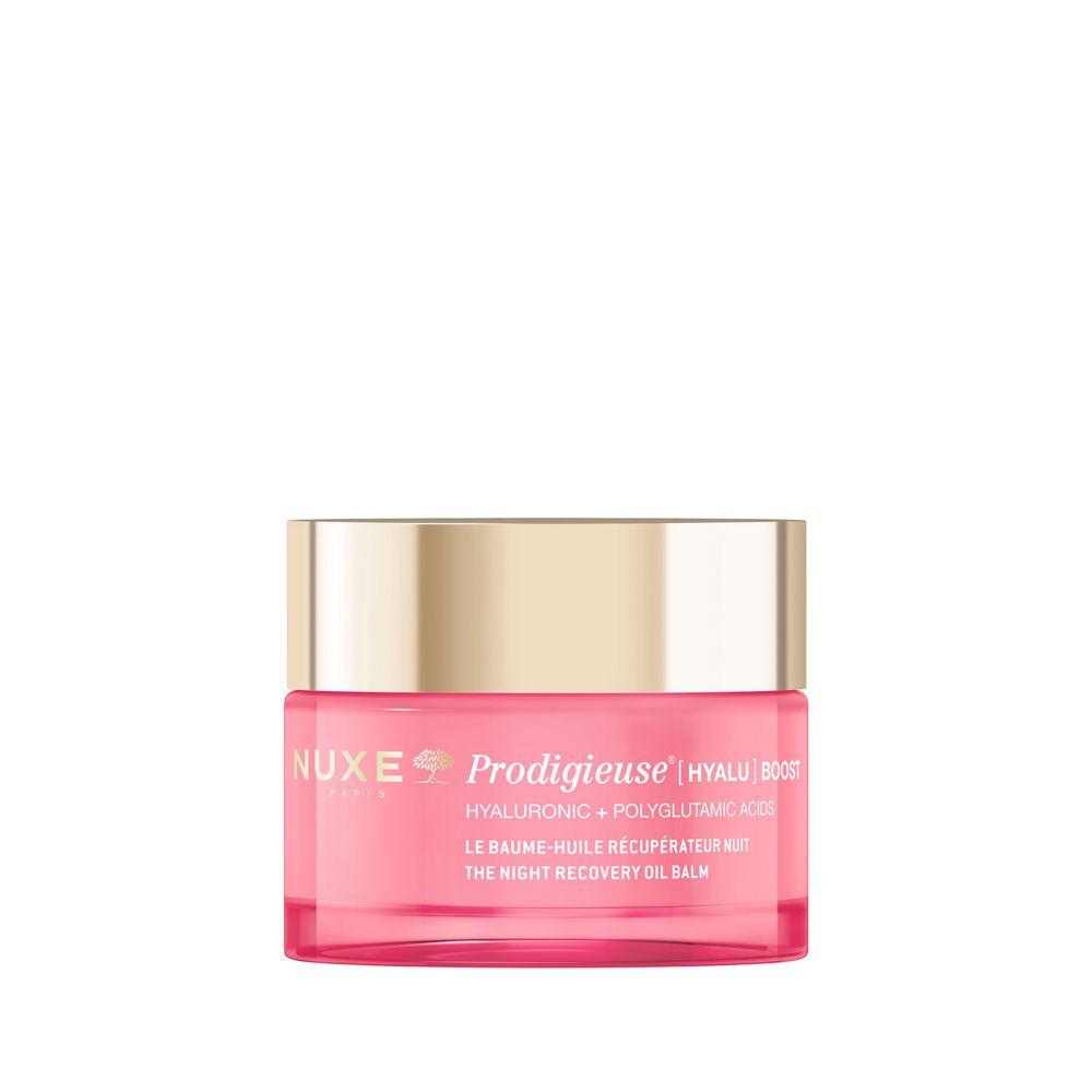 Rosa Tiegel mit goldfarbenem Deckel. Aufschrift: NUXE, Prodigieuse Hyalu Boost, Nachtcreme.