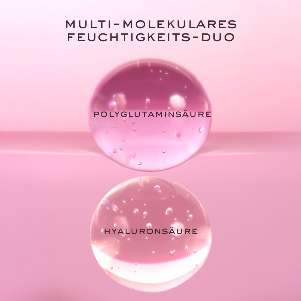 Zwei rosa Kugeln mit Text: POLYGLUTAMINSÄURE und HYALURONSÄURE. Hintergrund rosa.
