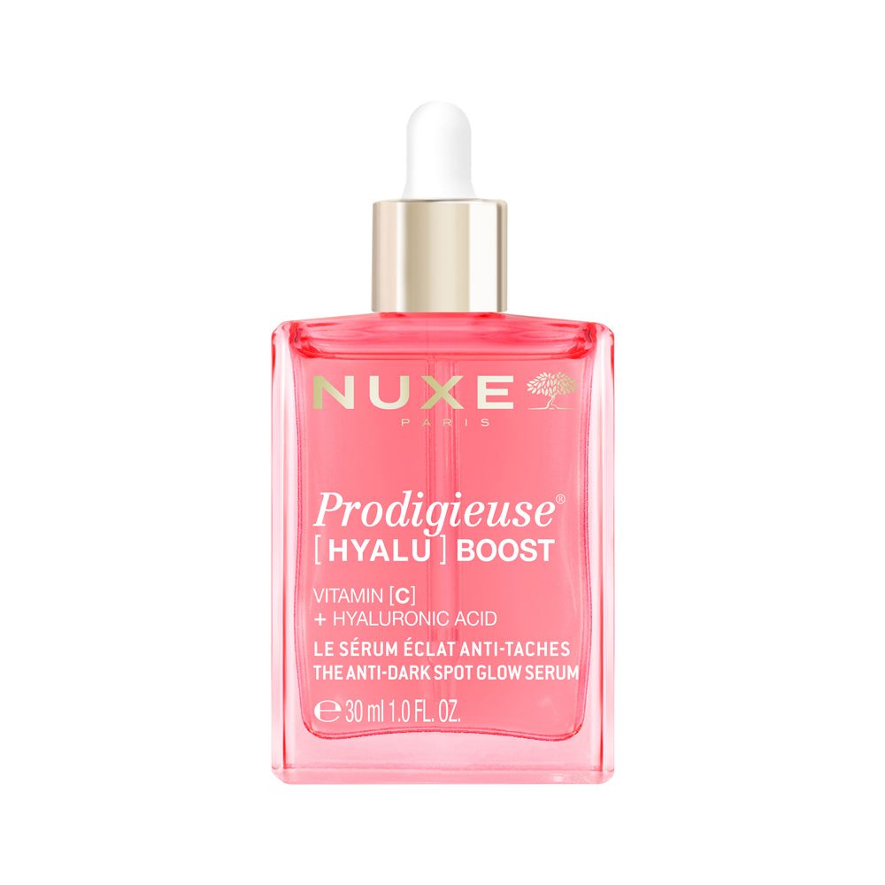 Rosa Serumflasche mit Pipette. Aufschrift: NUXE, Prodigieuse Hyalu Boost, Vitamin C + Hyaluronsäure. 30 ml.
