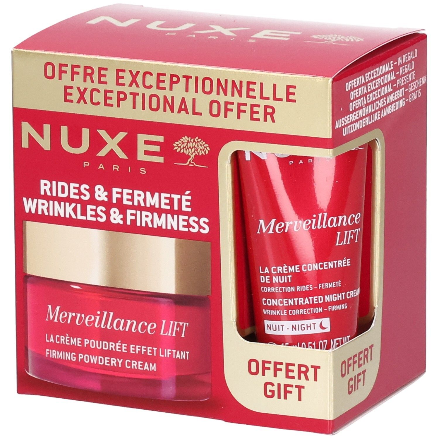 Rote Geschenkbox mit NUXE-Produkten. Enthält Tiegel und Tube. Aufschrift: Merveillance Lift, Rides & Fermeté, Exceptional Offer.