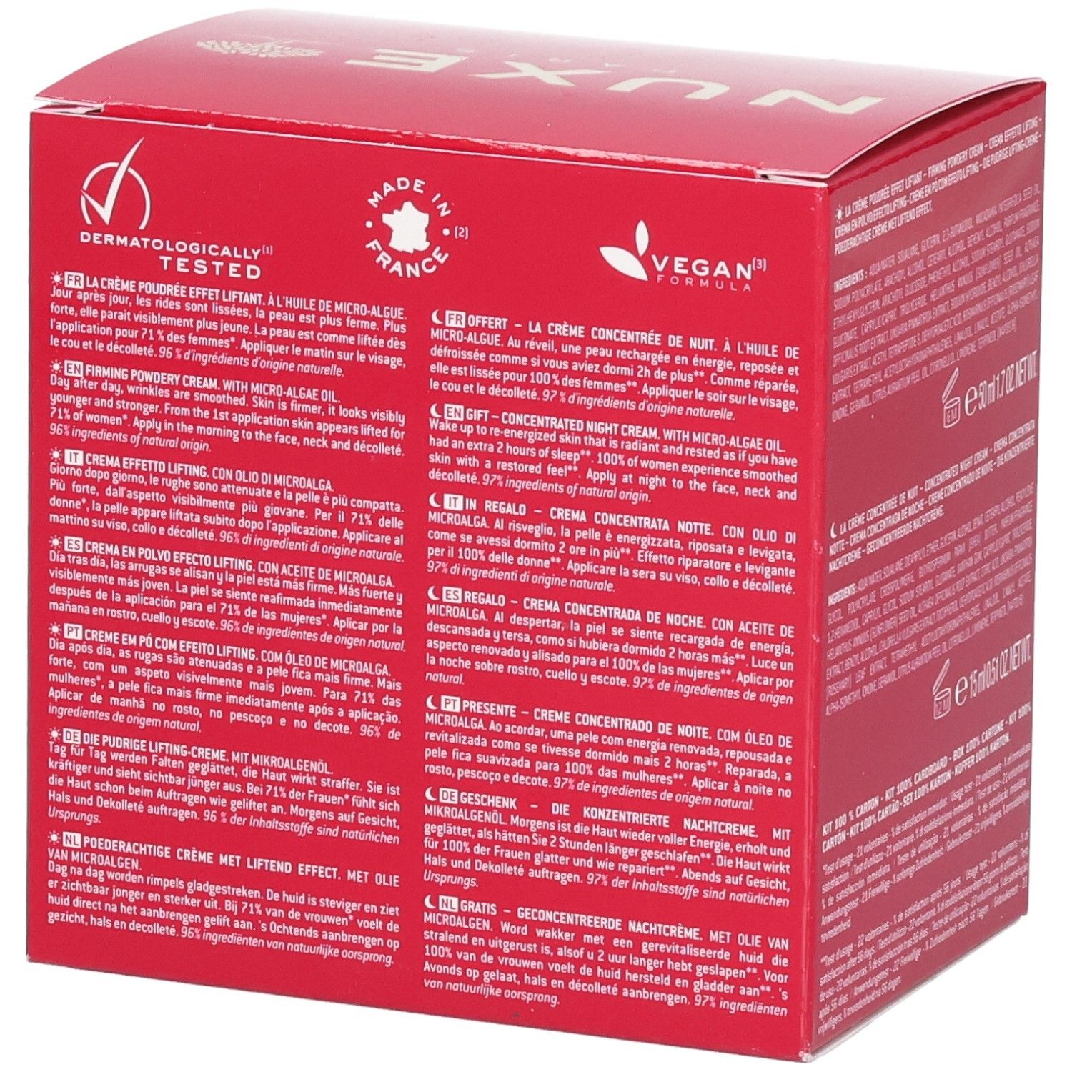 Rote Box mit Produktinformationen. Enthält Logos: Dermatologisch getestet, Vegan Formula, Made in France. Text in mehreren Sprachen.