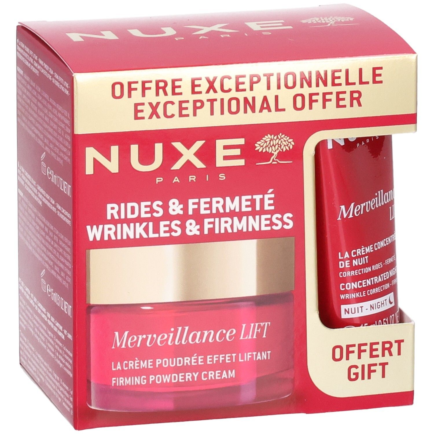 Rote Geschenkbox mit NUXE-Produkten. Enthält Tiegel und Tube. Aufschrift: Merveillance Lift, Rides & Fermeté, Exceptional Offer.