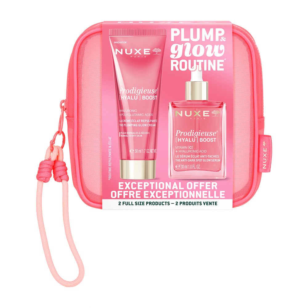 Rosa Kosmetiktasche mit zwei Produkten: Creme und Serum. Aufschrift: NUXE Prodigieuse Hyalu Boost. Aufschrift: PLUMP & GLOW ROUTINE.