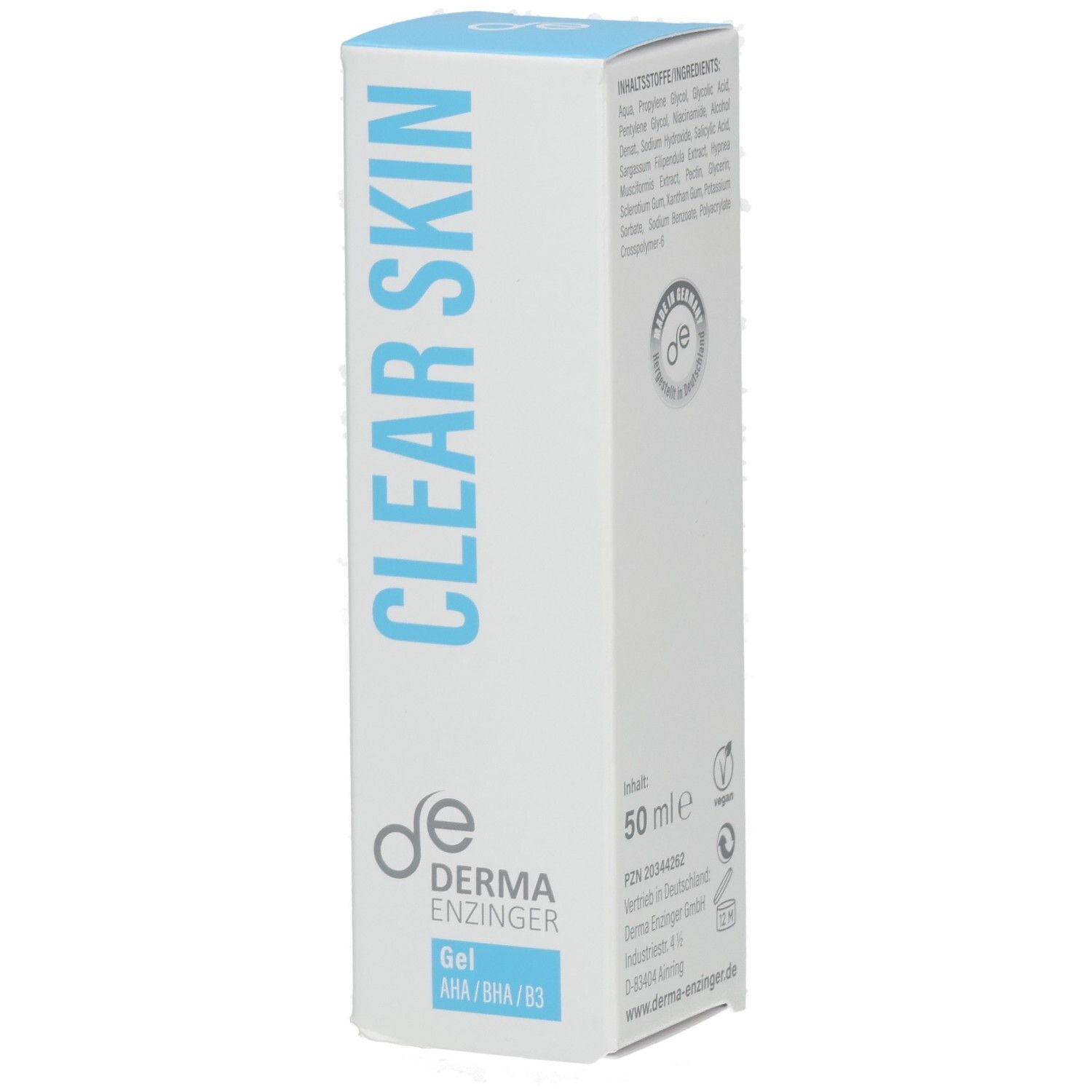 Derma Enzinger Clear Skin Gel Verpackung mit "CLEAR SKIN" Schriftzug und Produktinformationen.