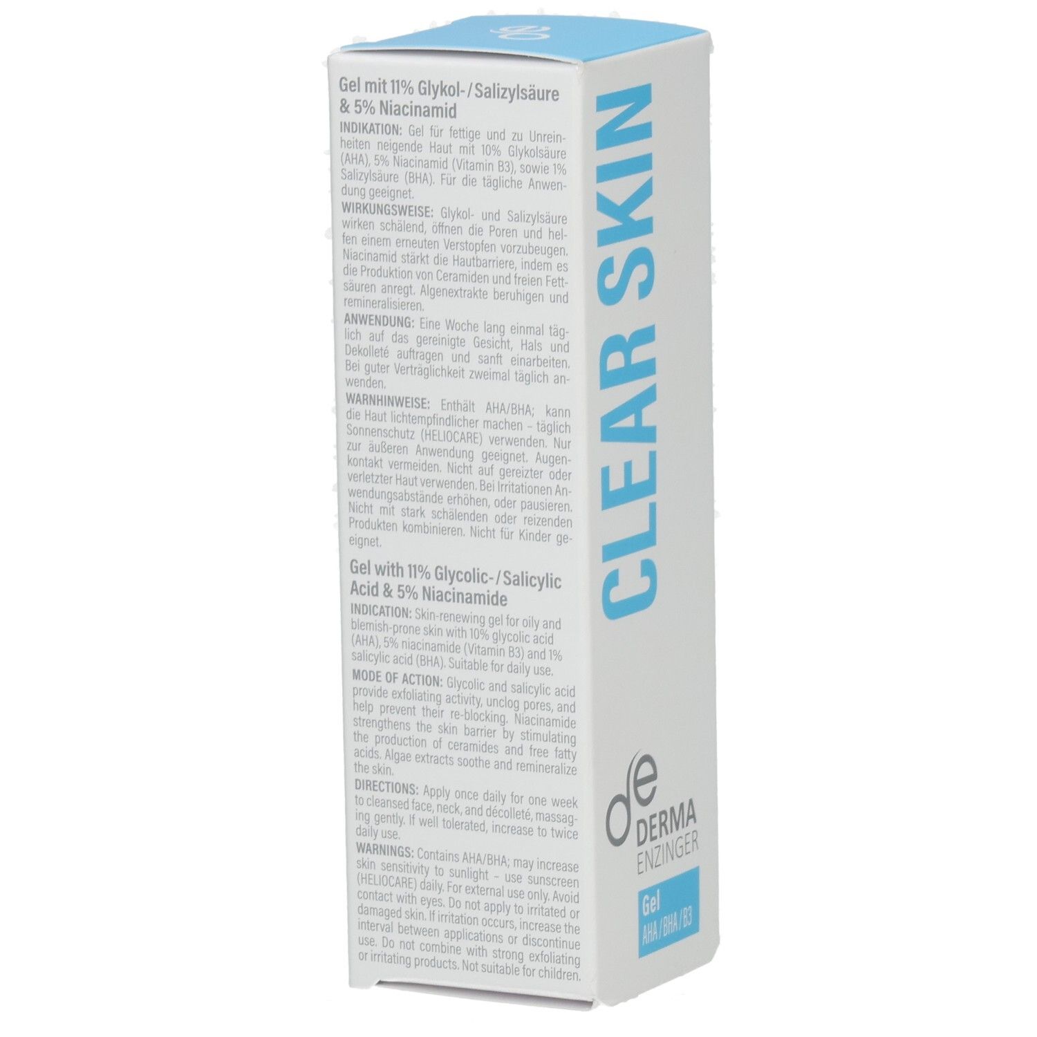 Rückseite der Derma Enzinger Clear Skin Gel Verpackung mit Anwendungshinweisen und Inhaltsstoffen.