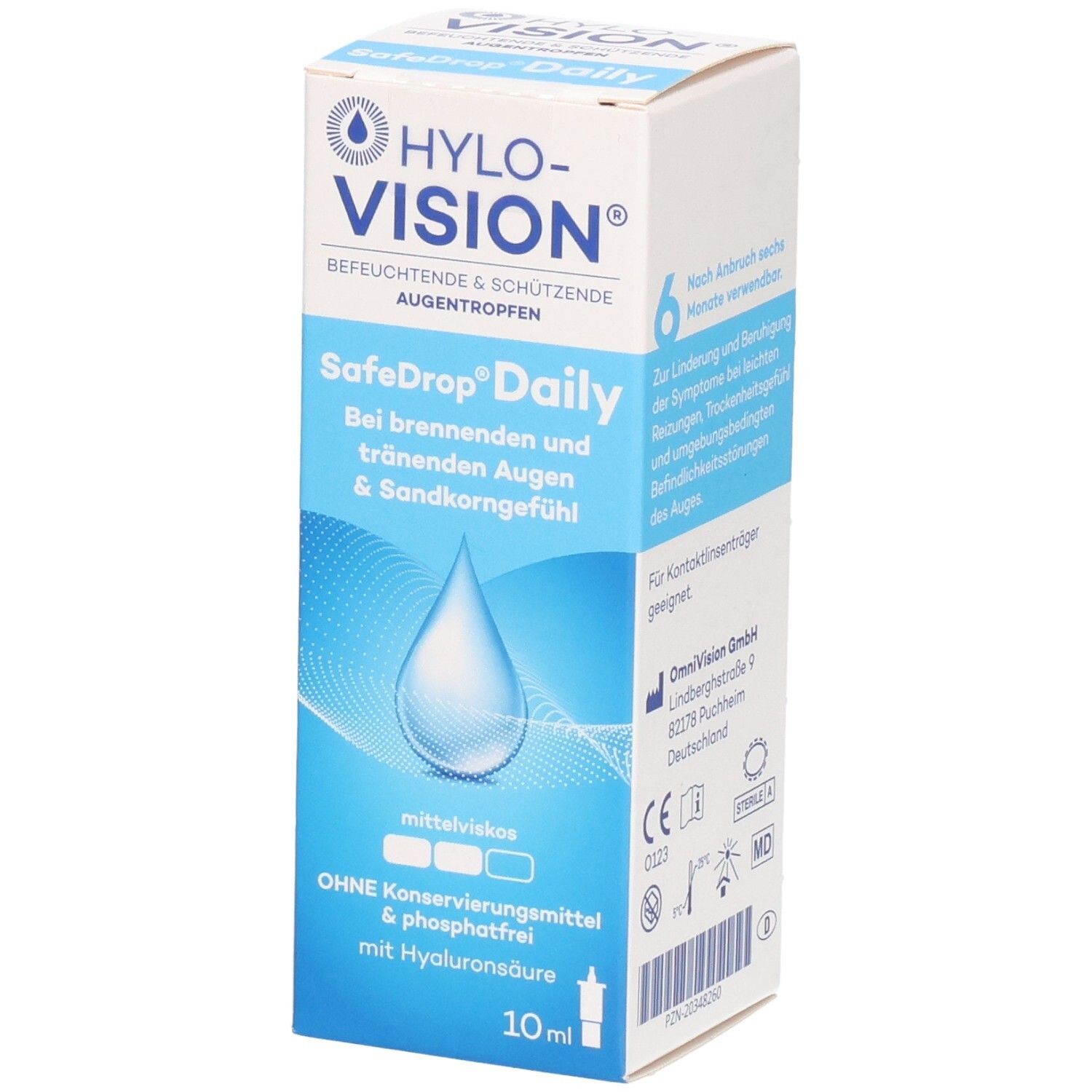 HYLO-VISION SafeDrop Daily Augentropfen Verpackung, 10ml. Beinhaltet eine Tropfflasche und Informationen zur Anwendung.