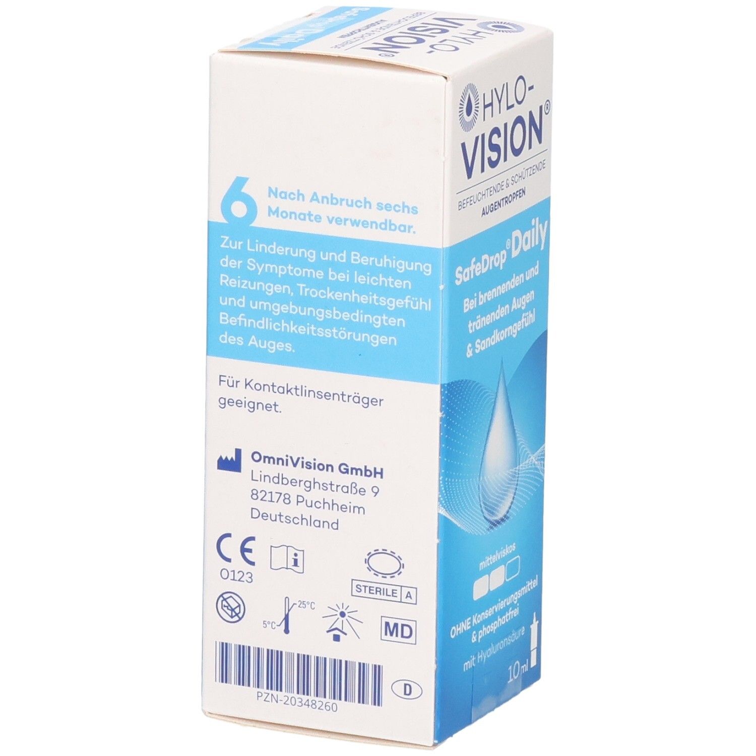 Seitenansicht der HYLO-VISION SafeDrop Daily Augentropfen Verpackung. Enthält Informationen zur Haltbarkeit und Herstellerdetails.