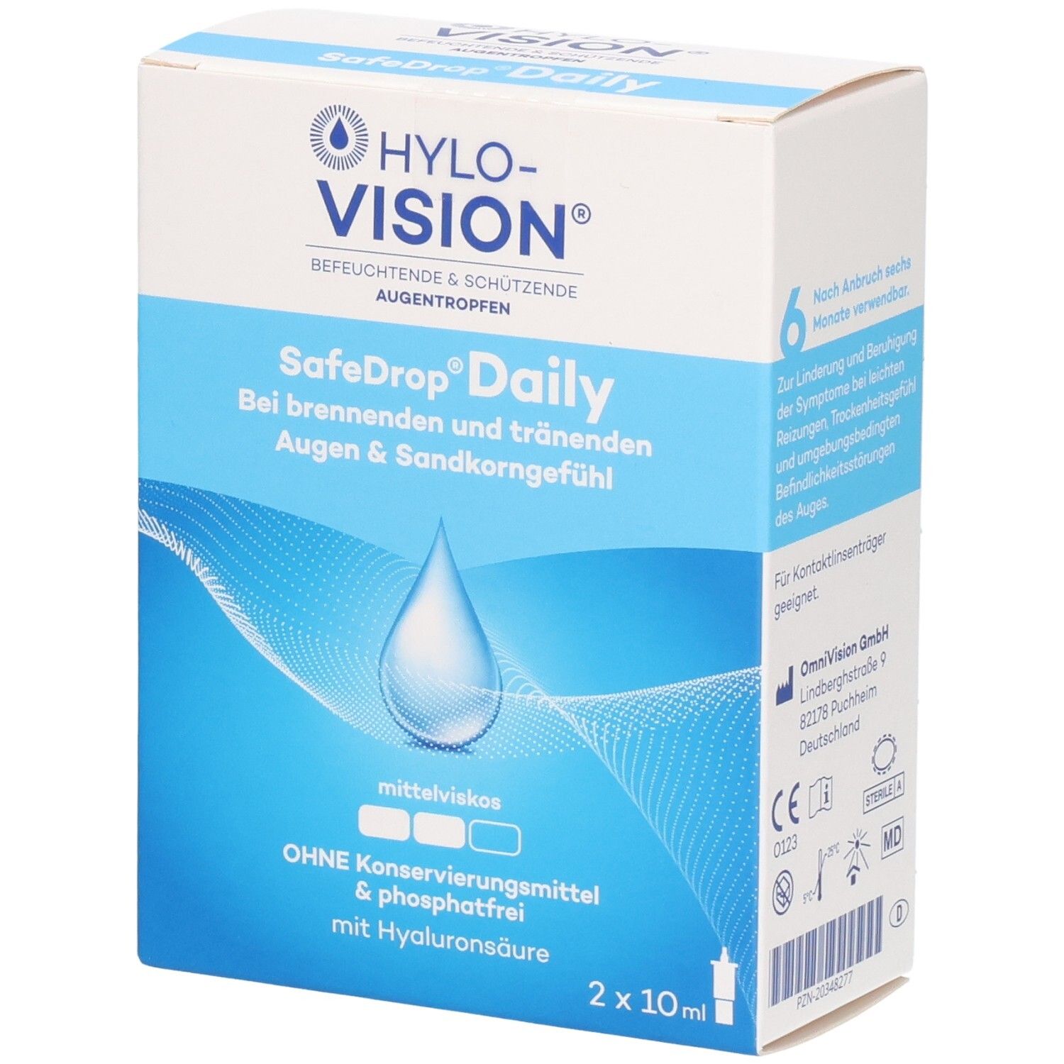 HYLO-VISION® SafeDrop® Daily Augentropfen Schachtel, 2x10ml. Mit Hyaluronsäure.