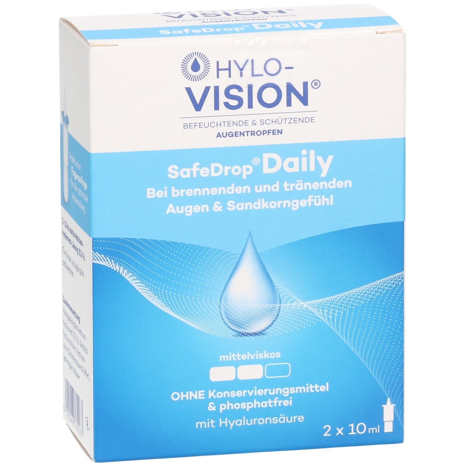 HYLO-VISION® SafeDrop® Daily Augentropfen Schachtel, 2x10ml. Ohne Konservierungsmittel & phosphatfrei.