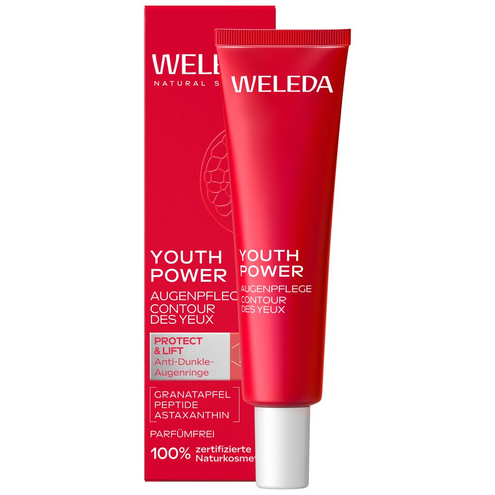 Weleda Augenpflege Tube und Faltschachtel mit Granatapfel-Motiv.